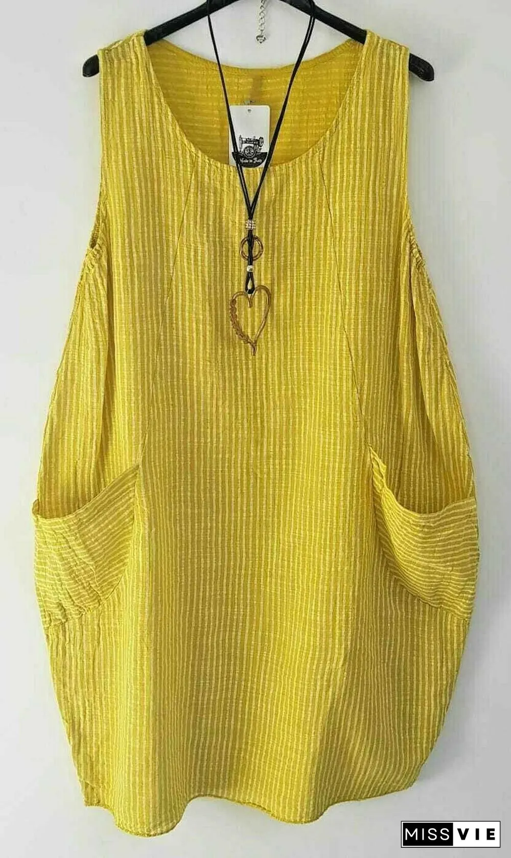 Ladies Stripe Design Summer Linen Cotton Long Pocket Top