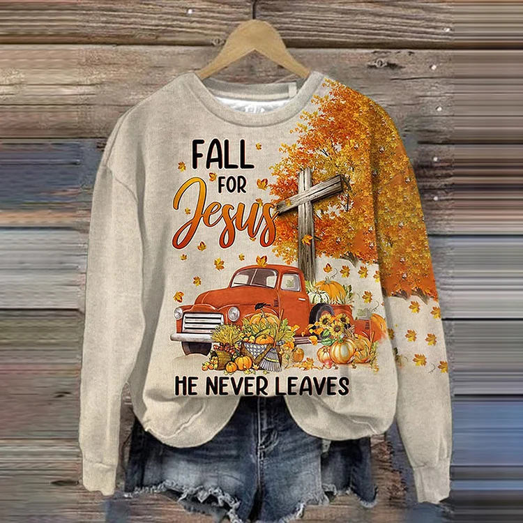 VChics Fall For Jesus He Never Leaves Print Sweatshirt