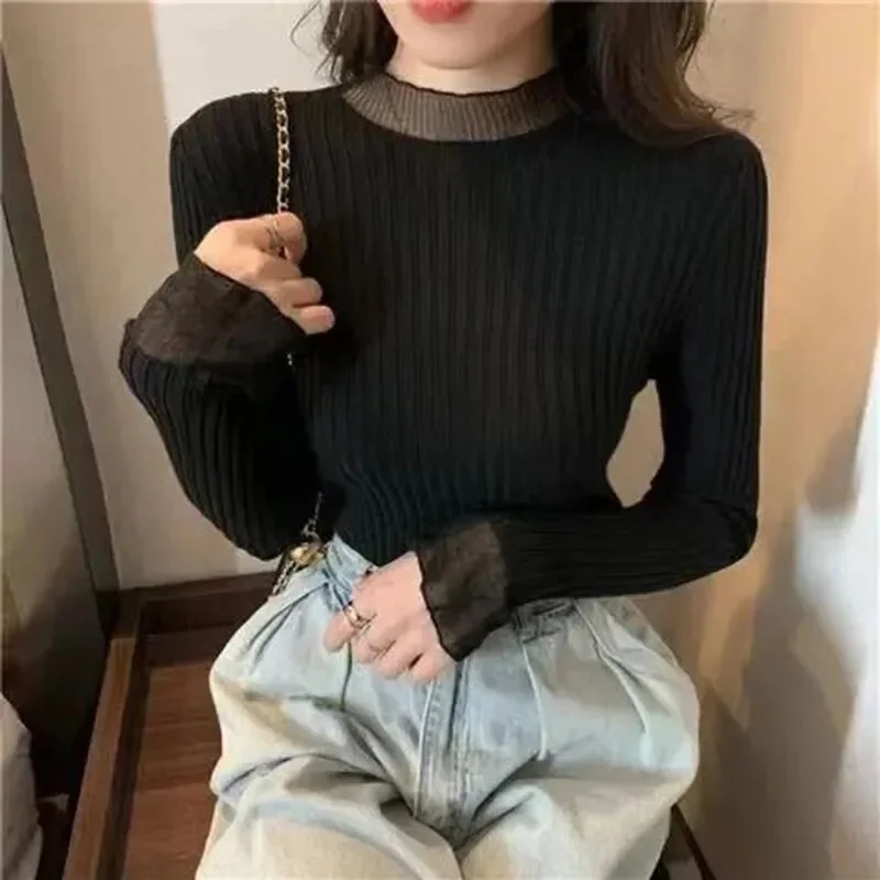 Applyw Sweater Women 2023 Spring New Elastic Tops Flare Sleeve Solid Knitted Pullover Woman Casual Slim Fit Bottoming Jumpers