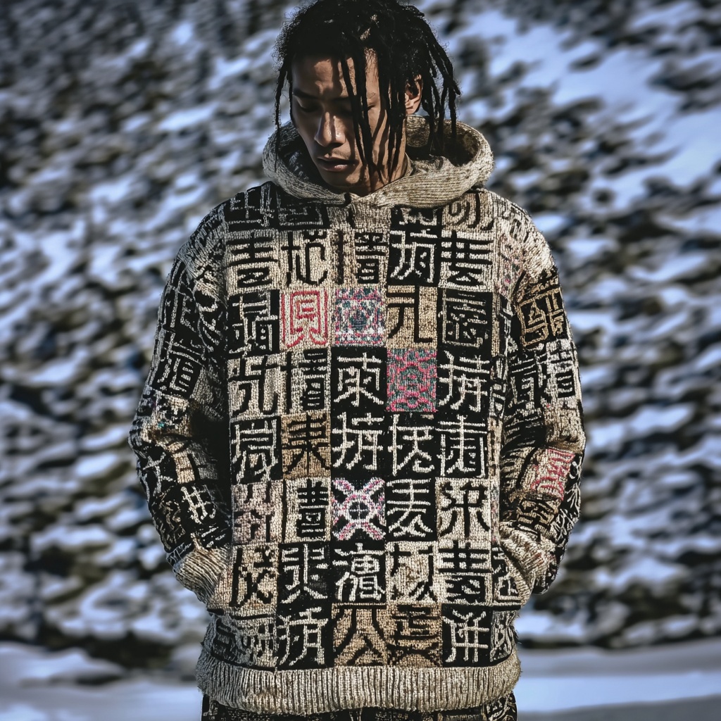 Men's Vintage Japanese Calligraphy Art Chunky Hooded Sweater  artssus