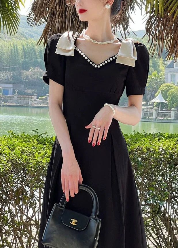 Classy Black V Neck Nail Bead Cotton Dress Summer