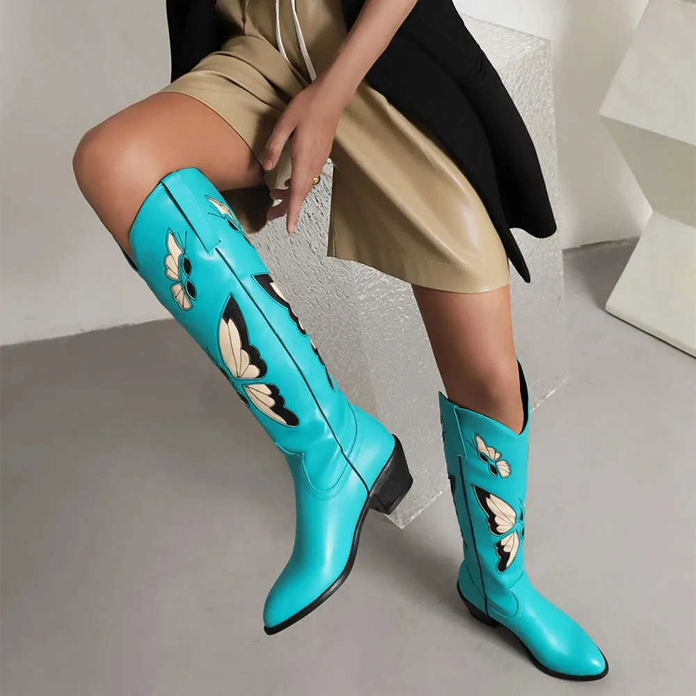 Turquoise Chunky Heel Knee High Cowgirl Boots with Butterfly Inlay