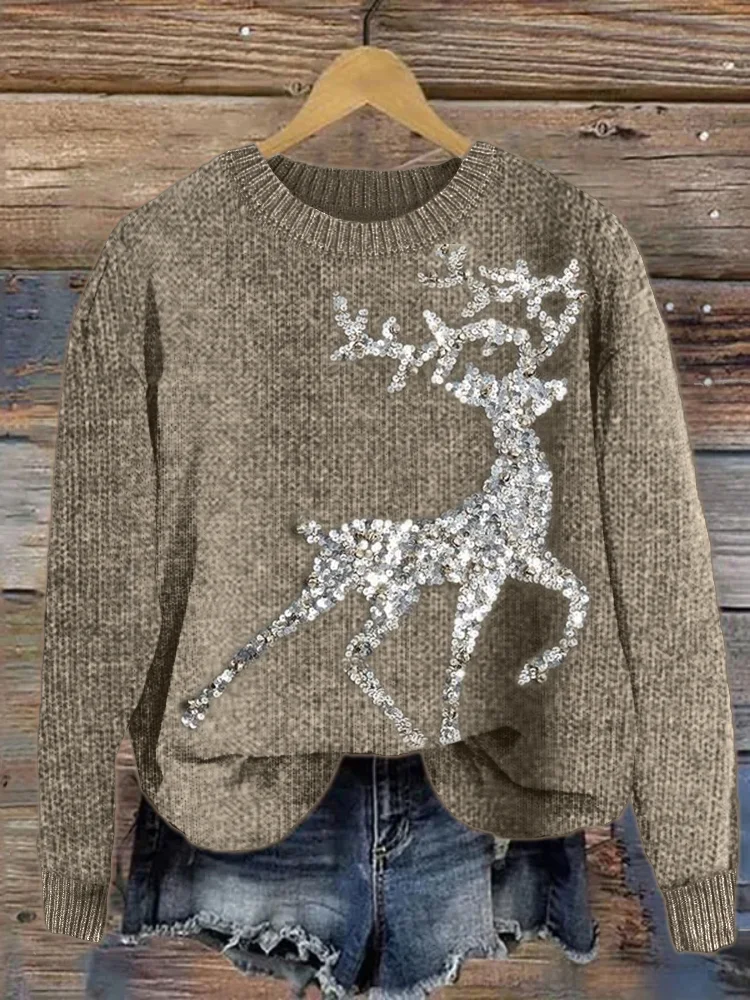 Christmas Reindeer Face Embroidery Cozy Knit Sweater