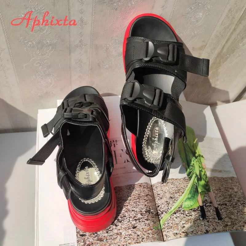 Aphixta 8cm Platform Sandals Women Shoes Wedge High Heels Buckle Canvas Summer Thick Sole Beach Shoes  Chaussures Femme