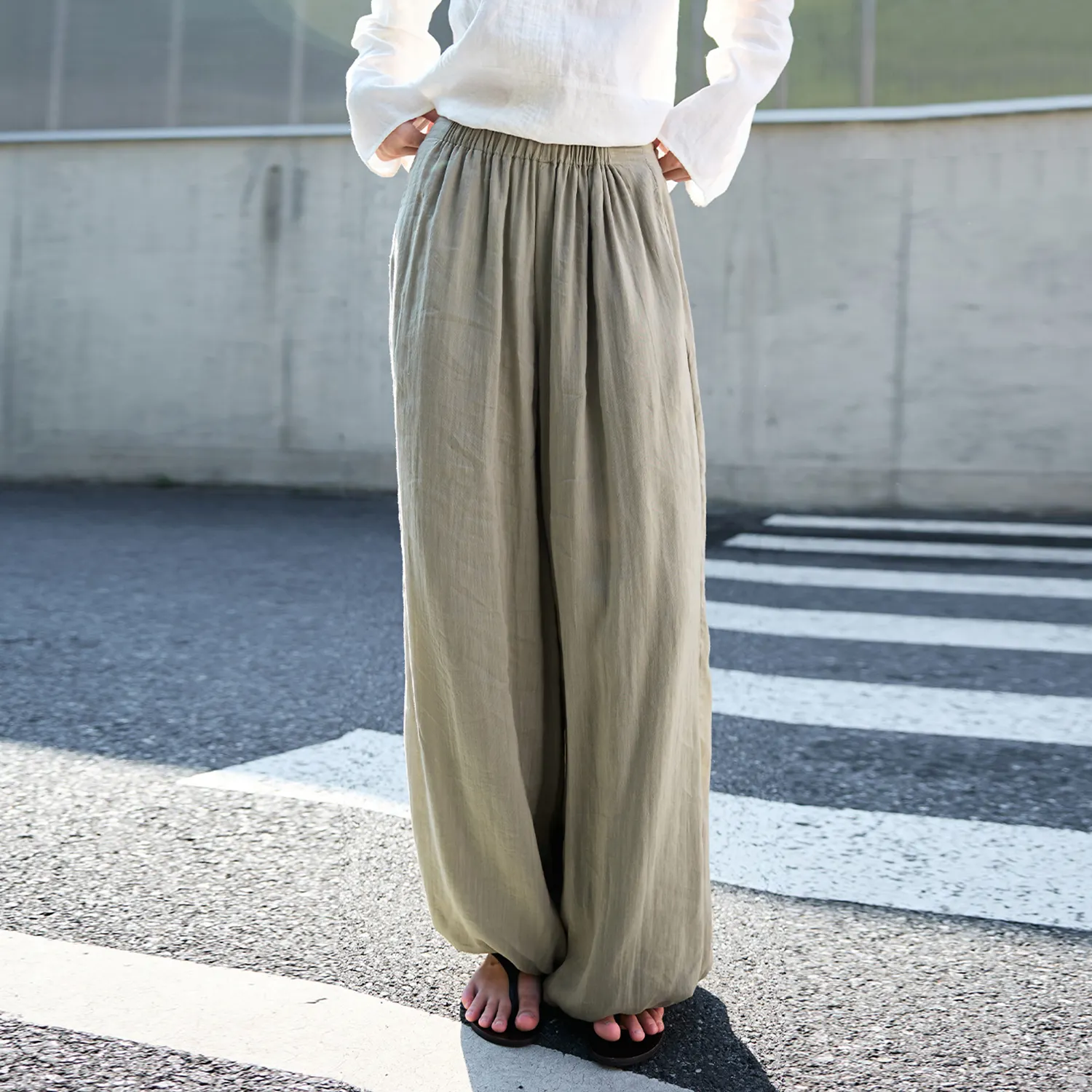 Women's Ramie Wide Leg Pants High-Waisted Elastic Waist REAL SILK LIFE