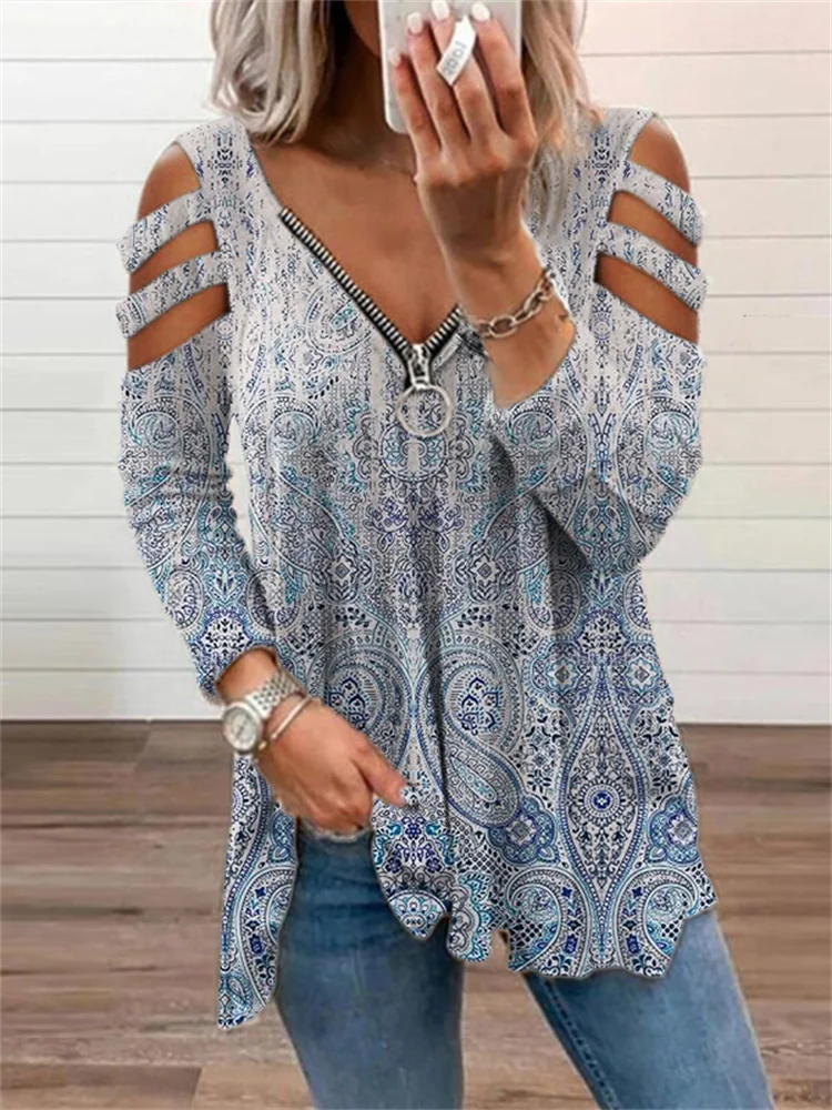 Vefave Distressed Ethnic Paisley Hollow Shoulder T Shirt