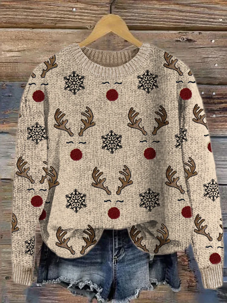 Christmas Reindeer Faces & Snowflakes Embroidery Pattern Sweater