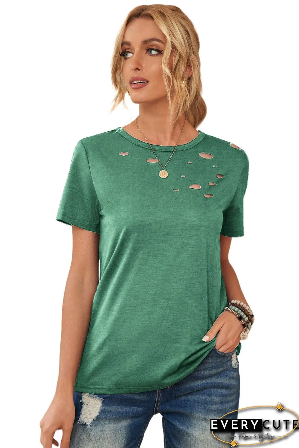 Green Holes Crew Neck Cotton Mixed T-shirt