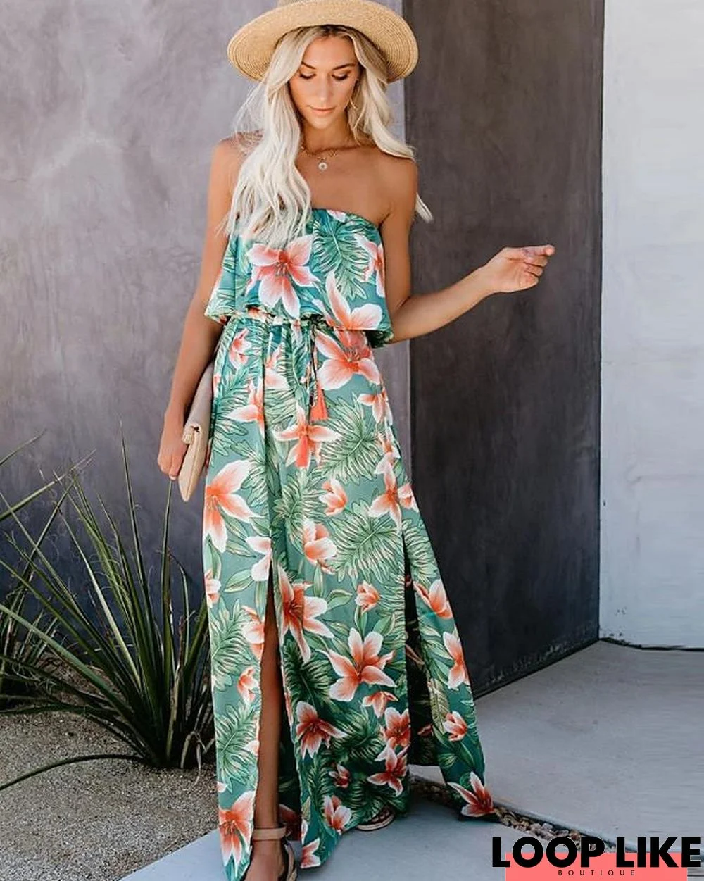 Women's Sheath Dress Maxi Long Dress Sleeveless Floral Summer Sexy Boho Green