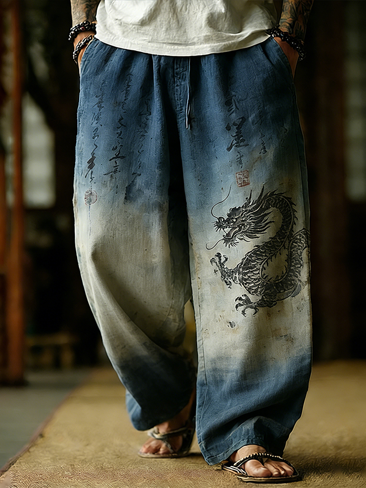 Japanese Style Dragon Totem And Sea Wave Linen Trousers  artssus
