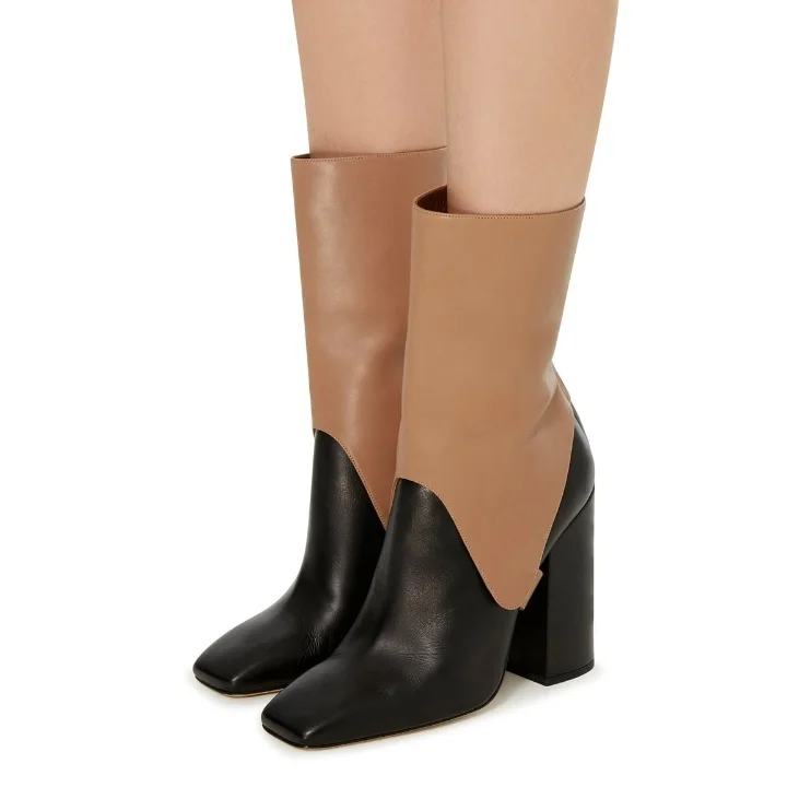 Bottes à talon bloc en noir et brun Flusfy