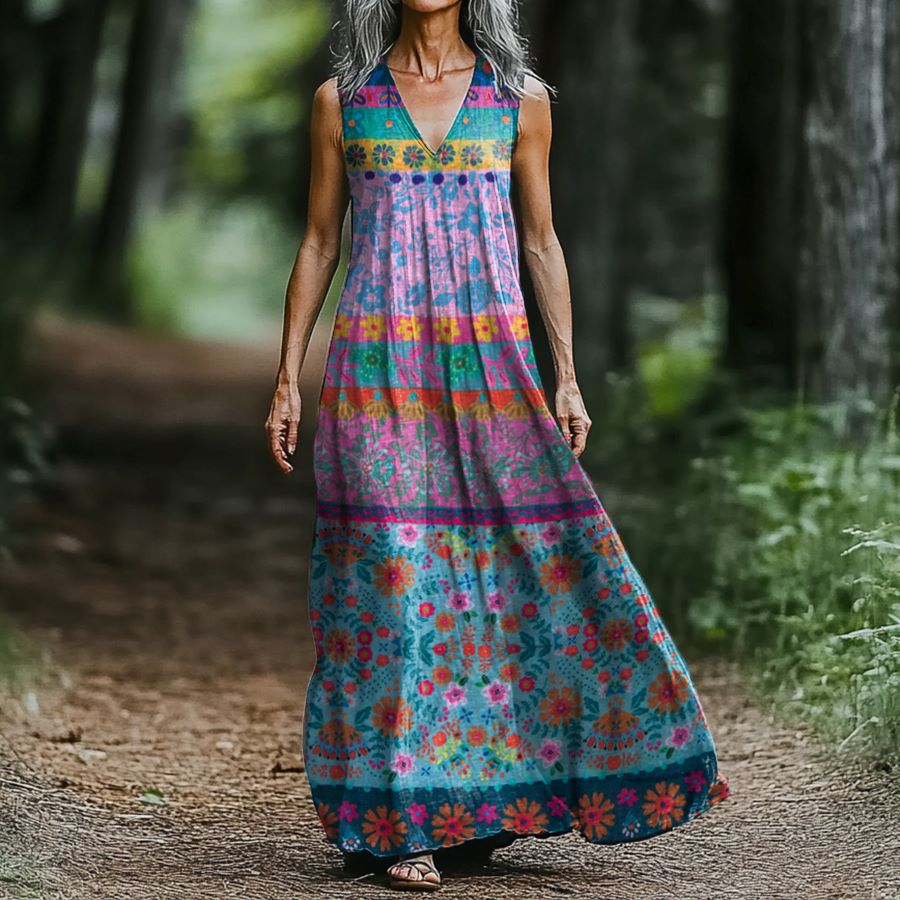 Comstylish Women's Floral Art Print Cotton Sleeveless V Neck Dress