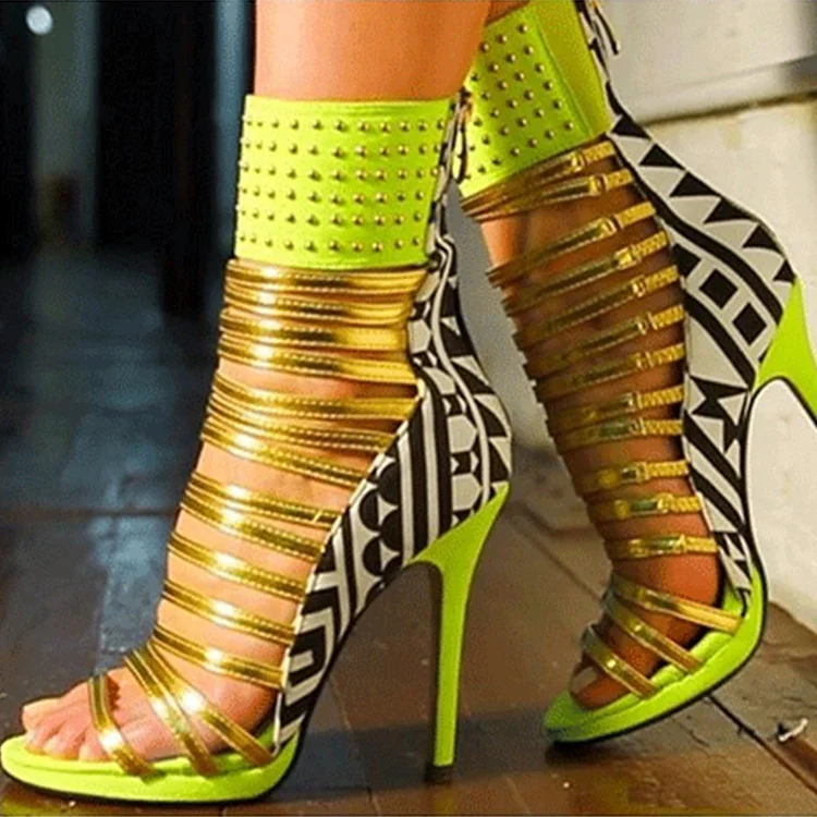 Lime Green Open Toe Stiletto Heels Gold Strappy Gladiator Sandals |FSJ Shoes
