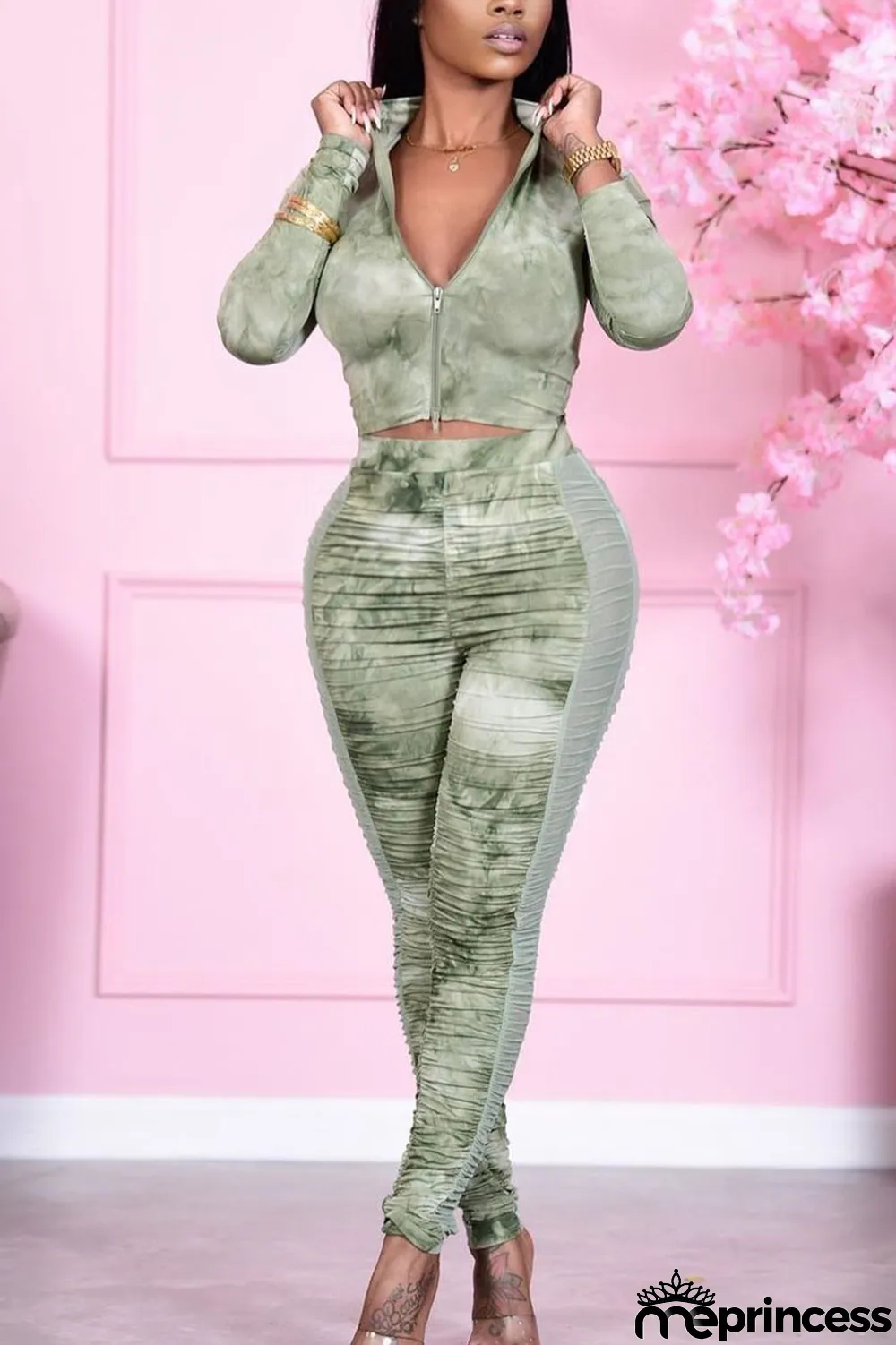 Blue Casual Print Solid Split Joint Zipper Collar Long Sleeve Two Pieces