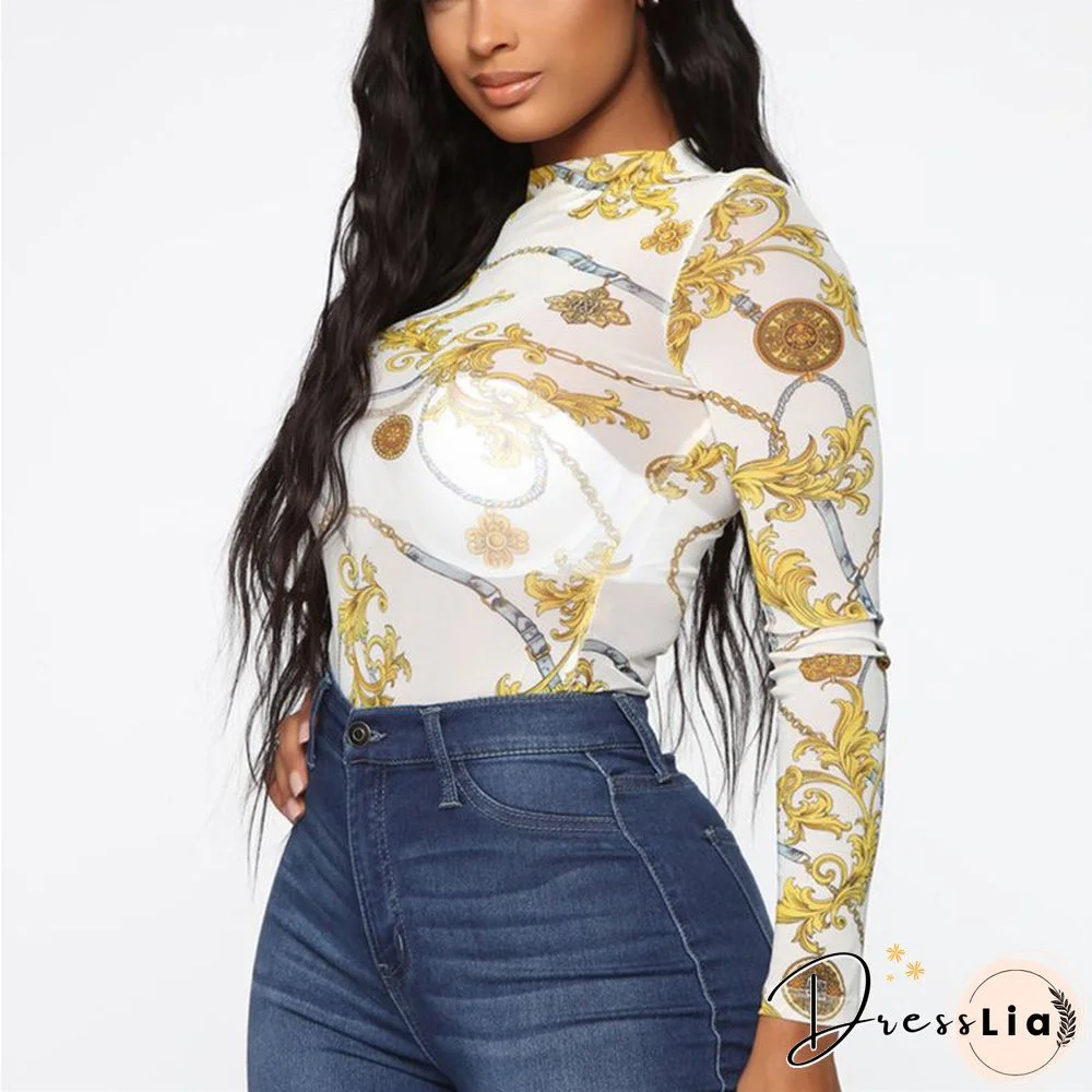 Women Mesh Sheer See Through Print Shirt Blouses Outwear Turtleneck Long Sleeve Tops Transparent Slim Shirt Bodycon Club Blouse