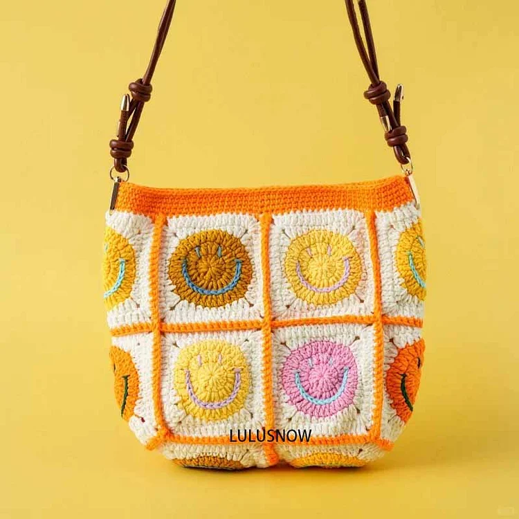 Lulusnow Handmade Light Orange Classic Smiley Faces Small Shoulder Bag Crochet Crossbody Bag