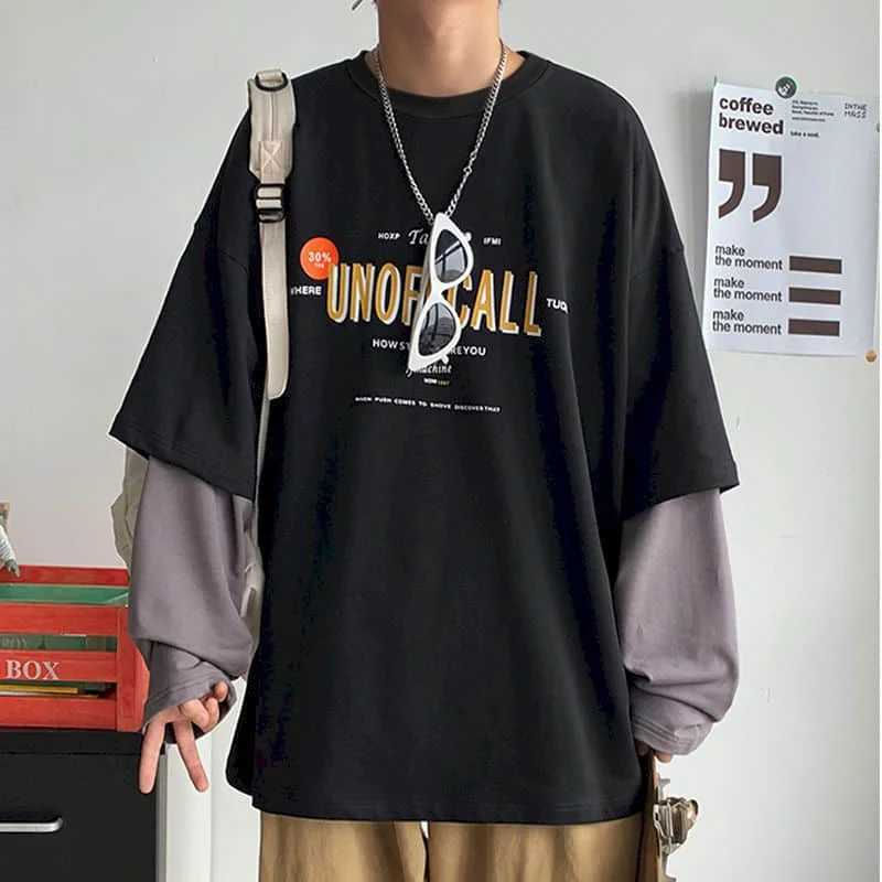 Fake Two-piece Long-sleeved T-shirt Women Tshirt Men Autumn  Korean Loose Letter Printing Student Jacket Couple Outfit Punk