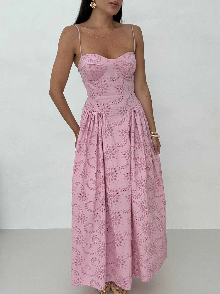 Romantic Embroidered Sweetheart Neck Spaghetti Strap Maxi Dress