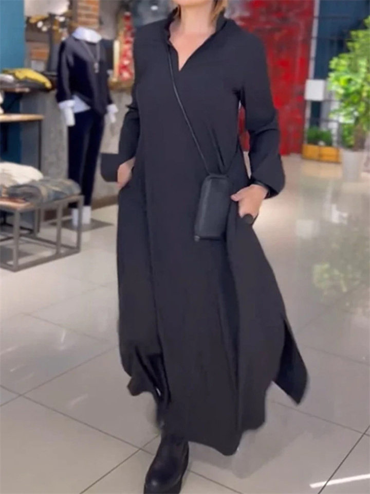 Autumn and Winter Ladies New Casual Loose Solid Color V-neck Long-sleeved Dresses