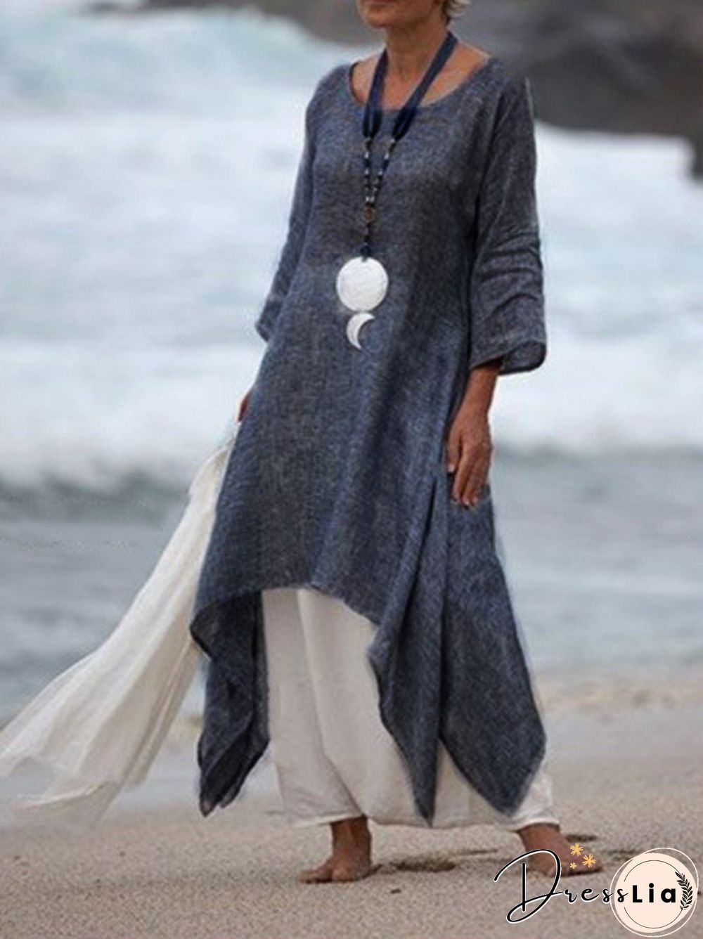 New Solid Color Linen Dress Loose Long-Sleeved Cotton Dress