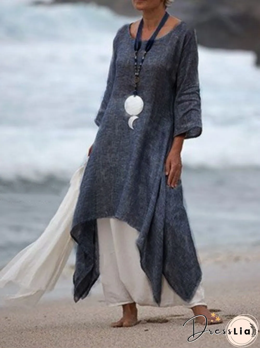 New Solid Color Linen Dress Loose Long-Sleeved Cotton Dress