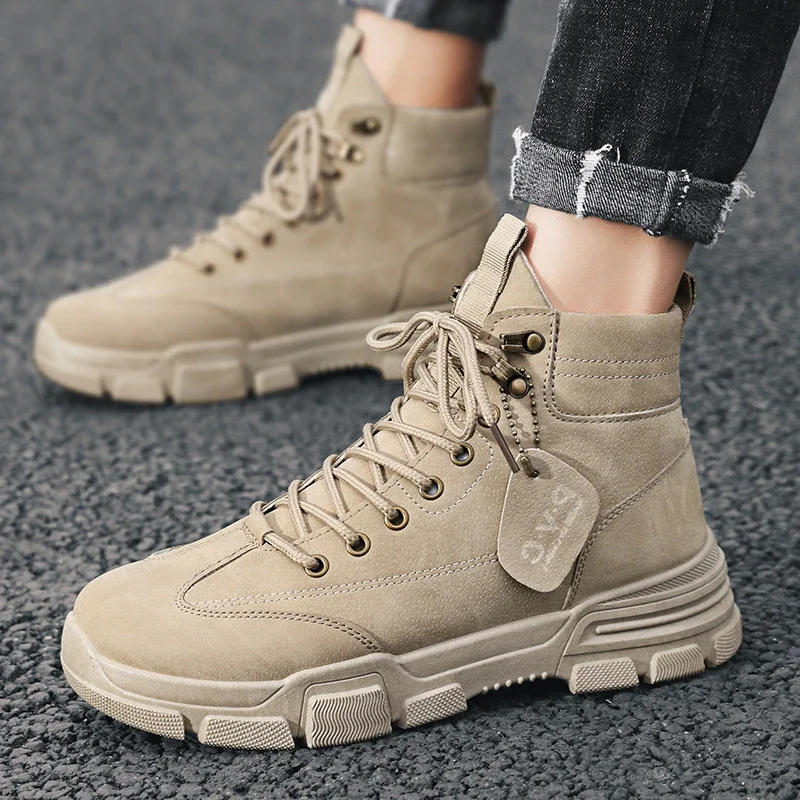 Qengg Men Boots Leather Waterproof Lace Up Military Boots Men 2021 New Autumn Winter Ankle Lightweight Shoes For Men Casual  Slip