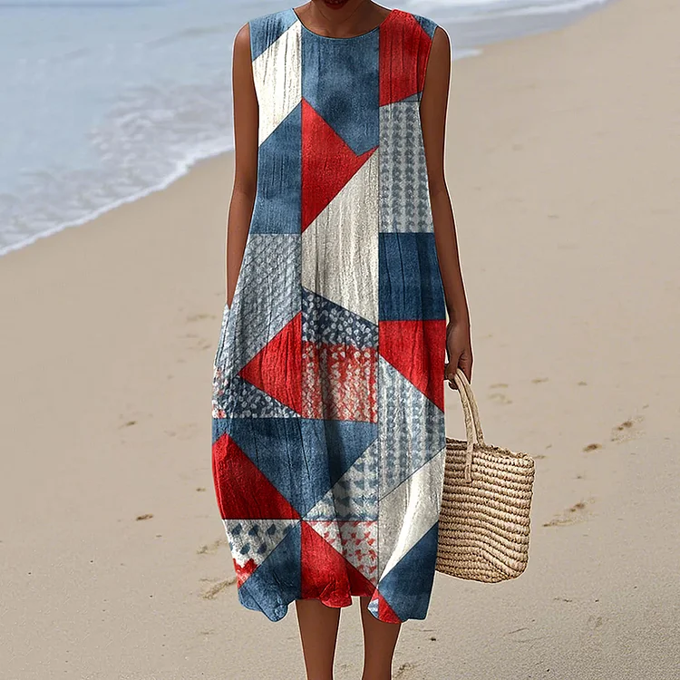 Vintage Independence Day American Flag Patch 4th Of July Art Linen Tank Dress