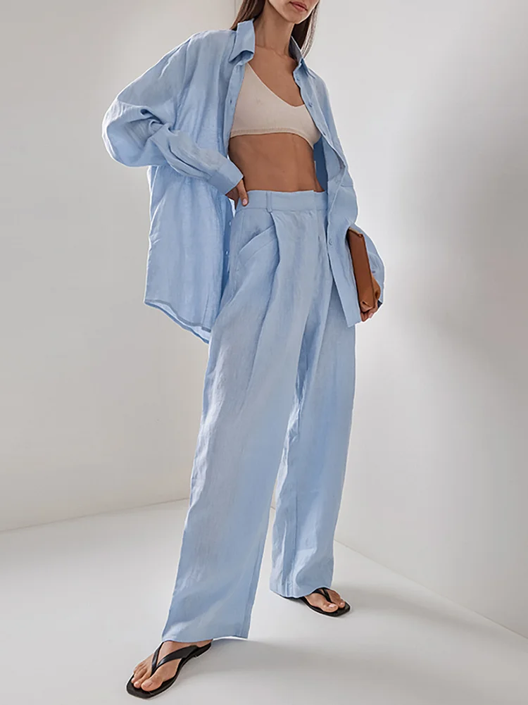 Women's 2024 Daily Set 2Piece Set 100% Cotton Long Sleeve Shirt and Long Pants