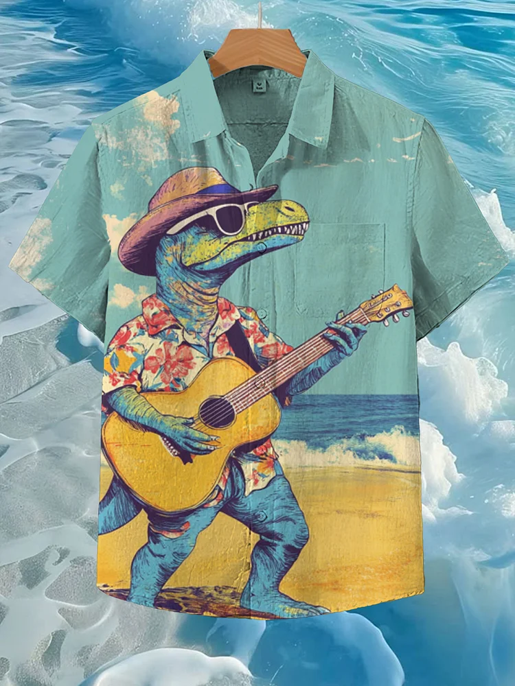 Men'S Dinosaur Playing Guitar At The Seaside Print Short Sleeve Shirt
