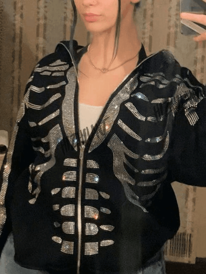 Brownm Skull Rhinestone Zipper Hoodie