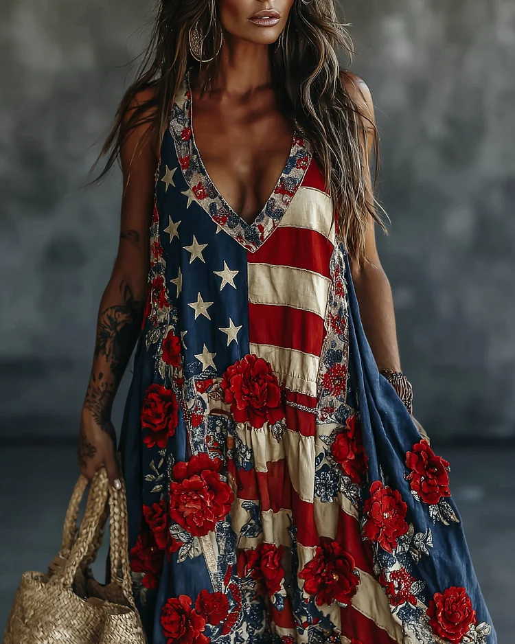 Women's Floral Flag Patchwork Art Print Midi Vest Dress