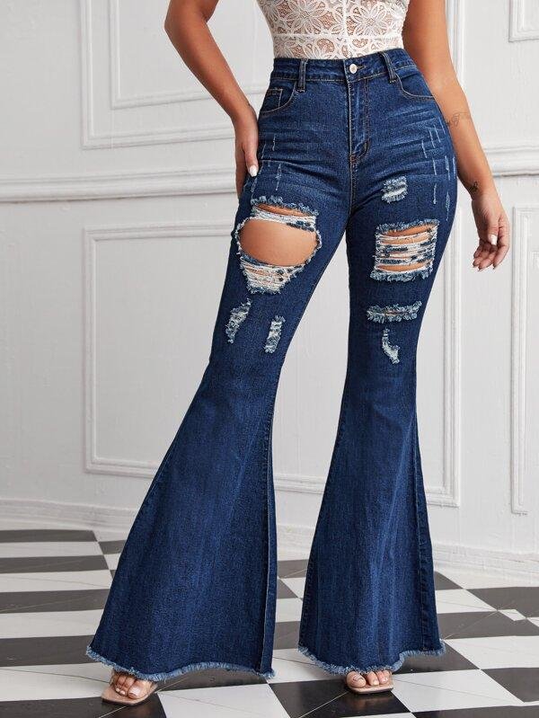 Ripped Detail Raw Hem Flare Leg Jeans