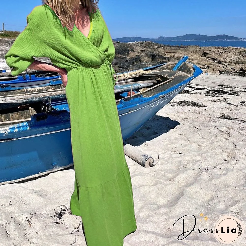 Autumn Fashion Drawstring Folds V-Neck Boho Dress Casual Solid Color Soft Long Beach Dress Women Patchwork Ruffle Party Dresses
