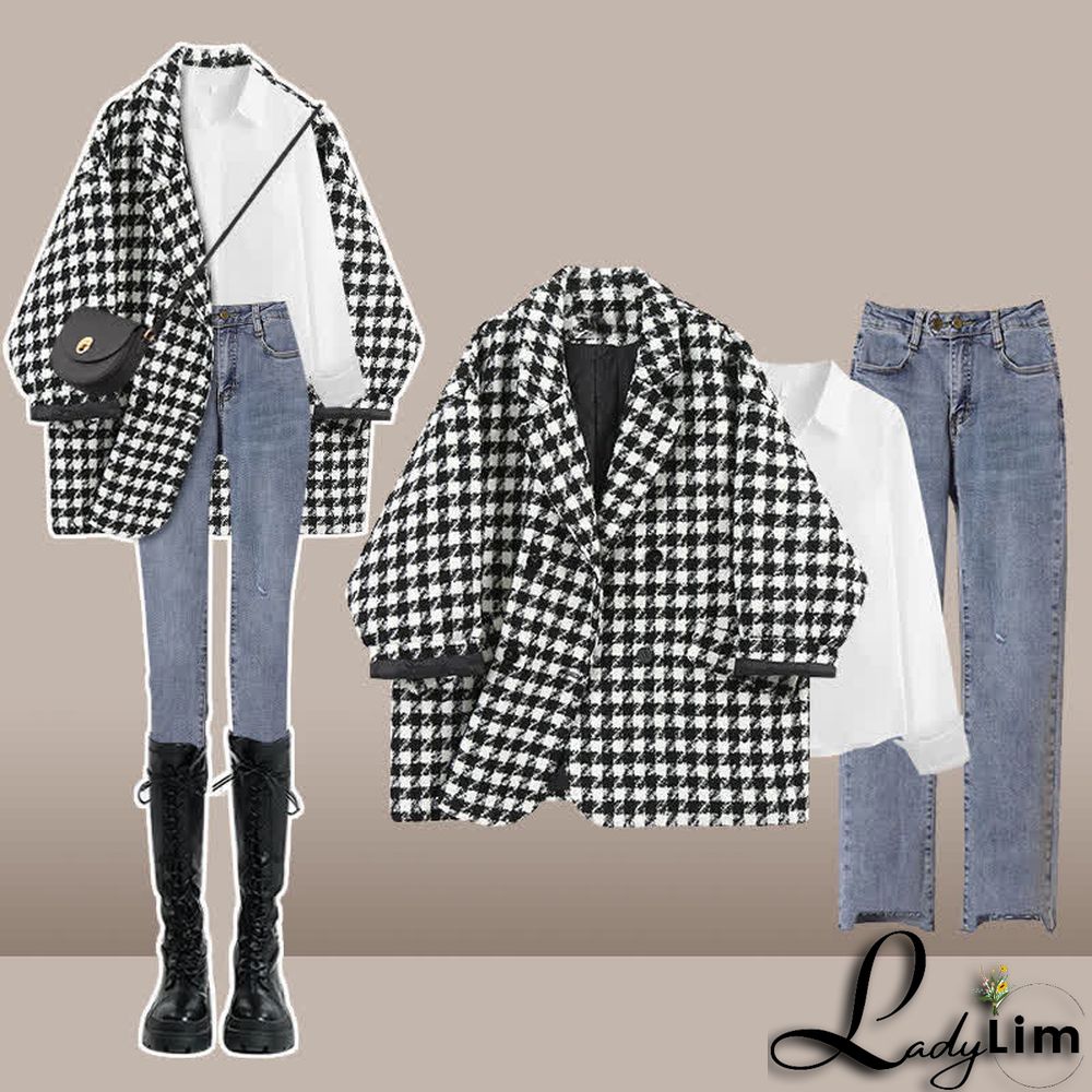 Chic Lattice Print Lapel Blazer T-Shirt High Waist Slim Denim Pants