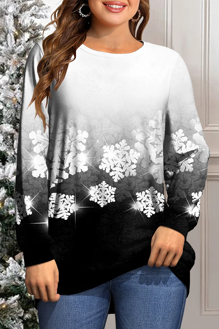 Flycurvy Plus Size Christmas Black Ombre Sparkly Snowflake Print Long Sleeve Sweatshirt  Flycurvy [product_label]