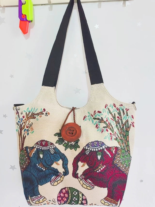 Women’s Large Canvas Elephant Ethnic Style Square Zipper Shoulder Bag