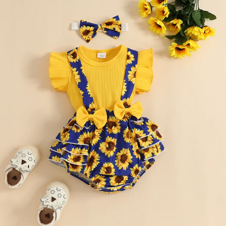 Baby Girl Sunflower Sleeveless Jumpsuit Headband Set