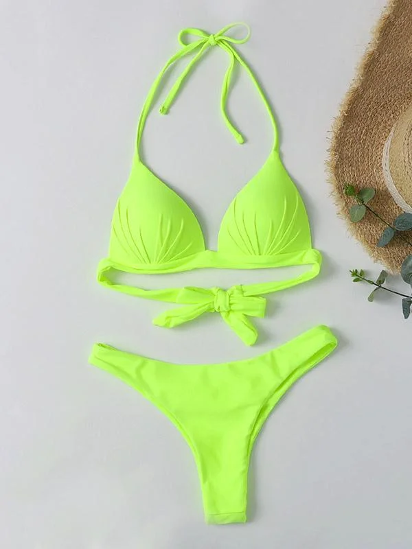 Bandage Solid Color Bikini Swimsuit