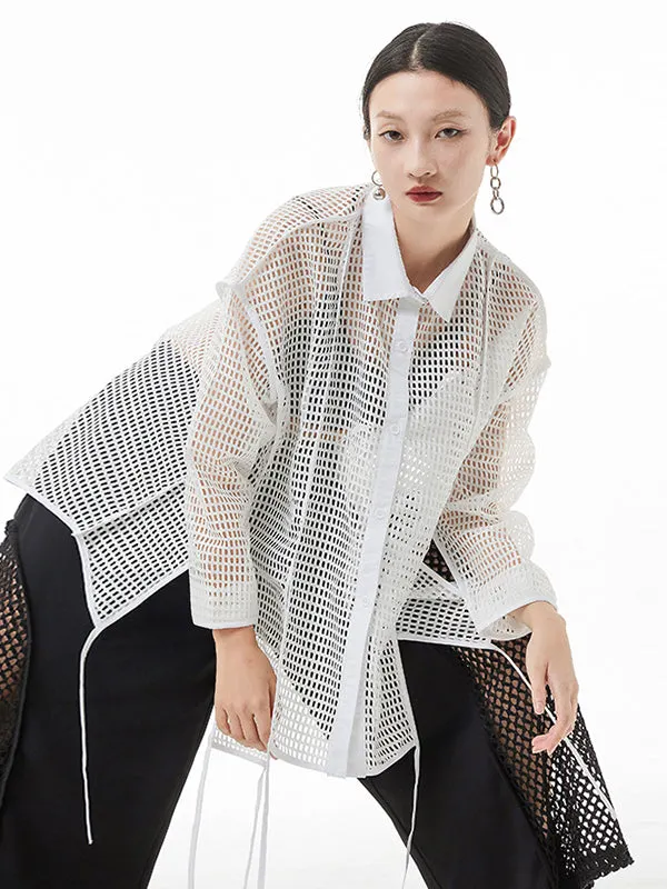 Fashion Blue Lapel Hollow Split-Front Long Sleeve Sun Protection Outerwear