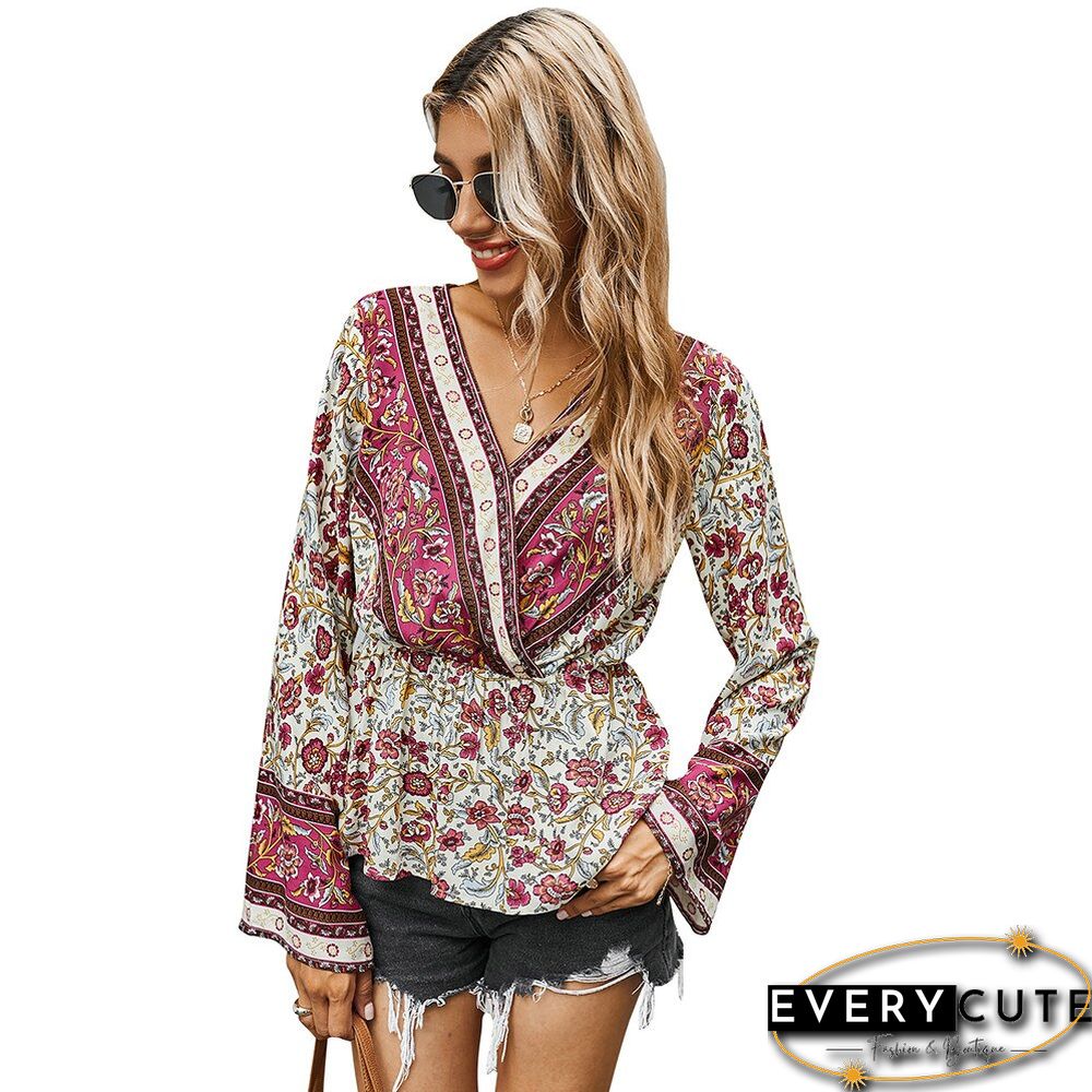 Sale New Women V Neck Floral Print Vintage Tops Women Retro Print Shirt Autumn Long Sleeve Blouse Loose Tops Blouse D30