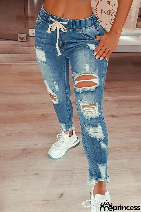 Solid Ripped Skinny Jean Pants