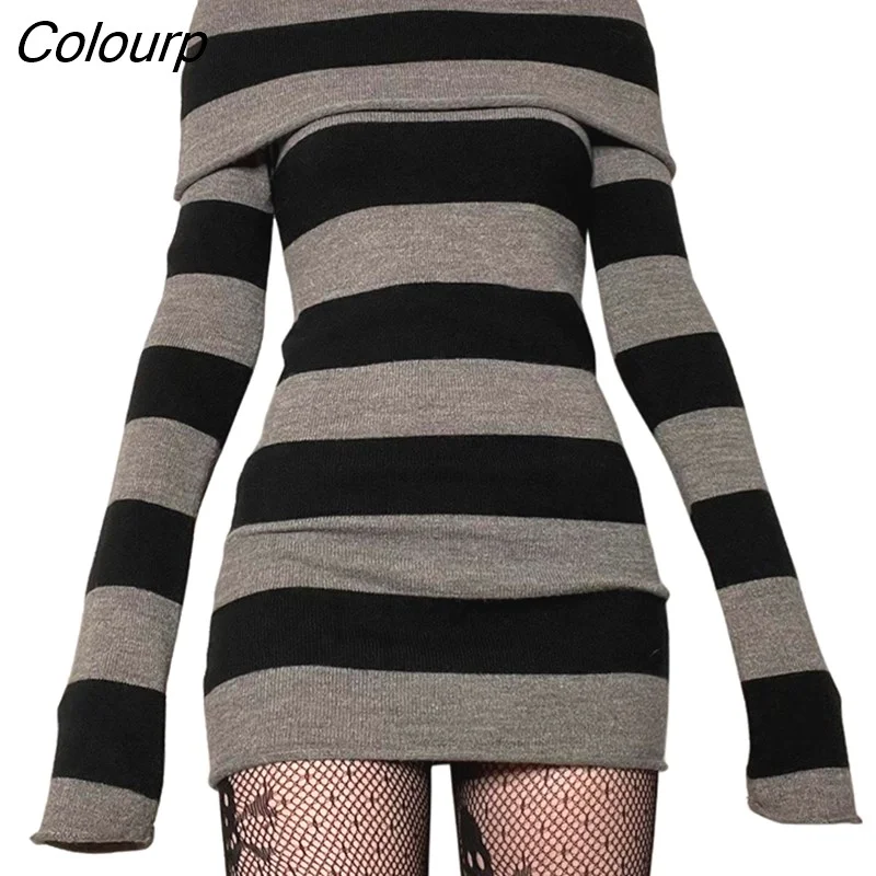 Colourp Casual Striped Knitted Drress Basic Slash Neck Long Sleeve Mini Dresses For Women 2022 Autumn Winter Streetwear Fashion