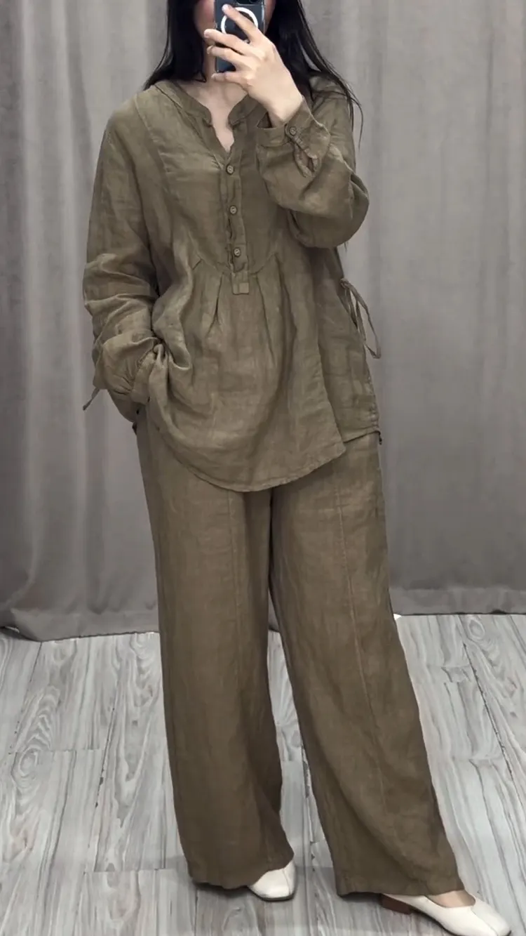 Solid Color V-neck Knitted Casual Two-piece Suit main image 1