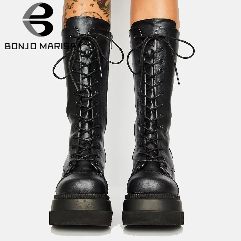 BONJOMARISA Big Size 43 Dropship lady  mid calf boots platform luxury brand women boots 2020 autumn winter wedges shoes woman
