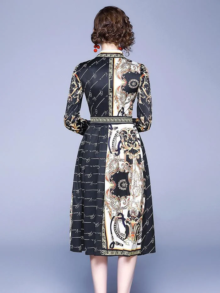 Fashion printed long-sleeved mid-length slim dress