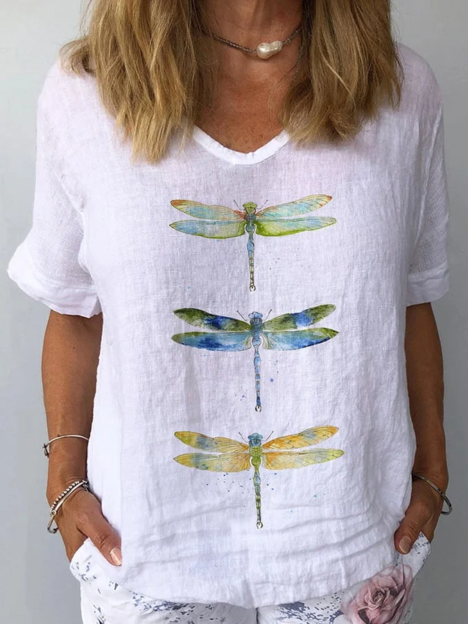 Women's Watercolor Dragonfly Print Cotton Linen Shirt