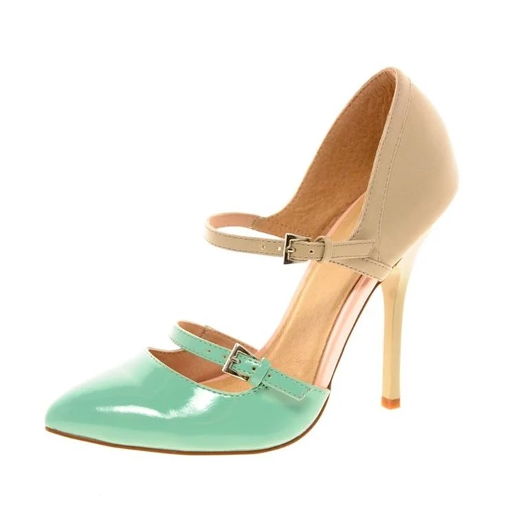 Green and Nude Two Tone Pointy Toe Stiletto Heel Pumps US Size 3 -15 |FSJ Shoes