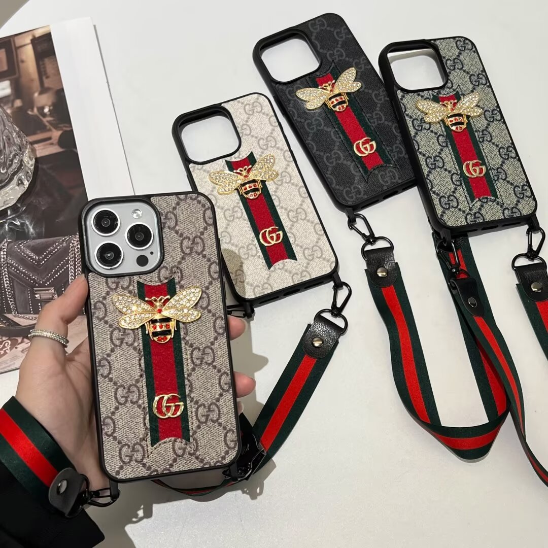 Gucci Ribbon Hand Rope 3D Bee Ophidia GG Apple iPhone16 ~11 Case Samsung Cover