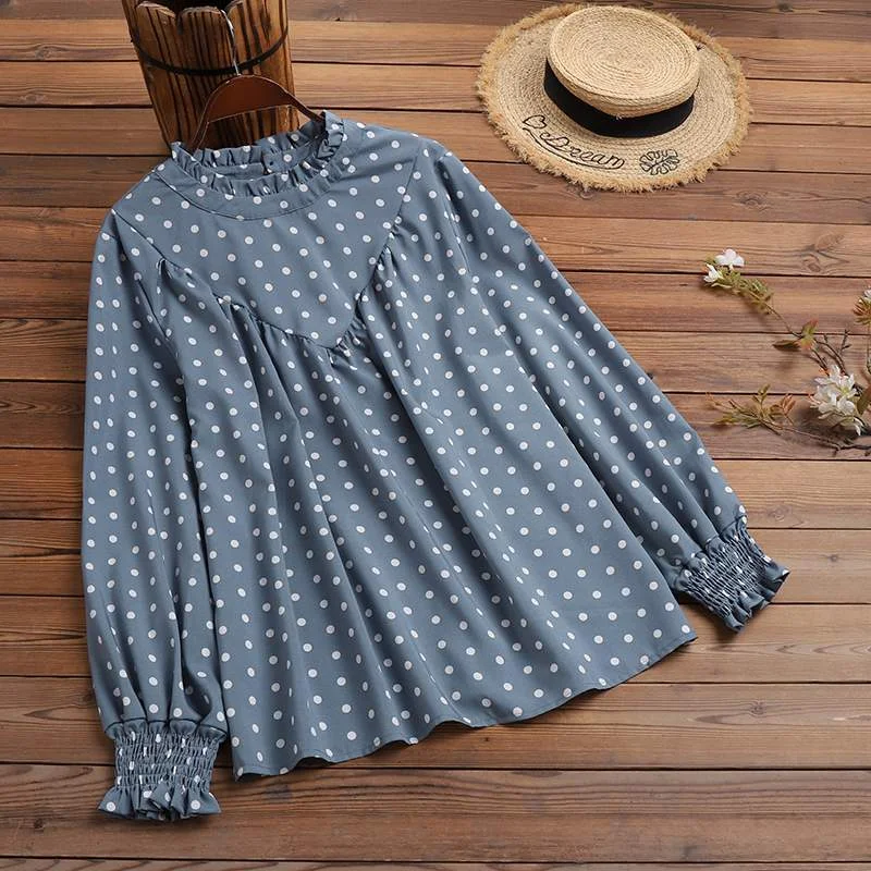 Spring Long Sleeve Ruffles Shirt ZANZEA Women Vintage Polka Dot Printed Blouse Female Elegant OL Blusas Casual Party Tops Tunic