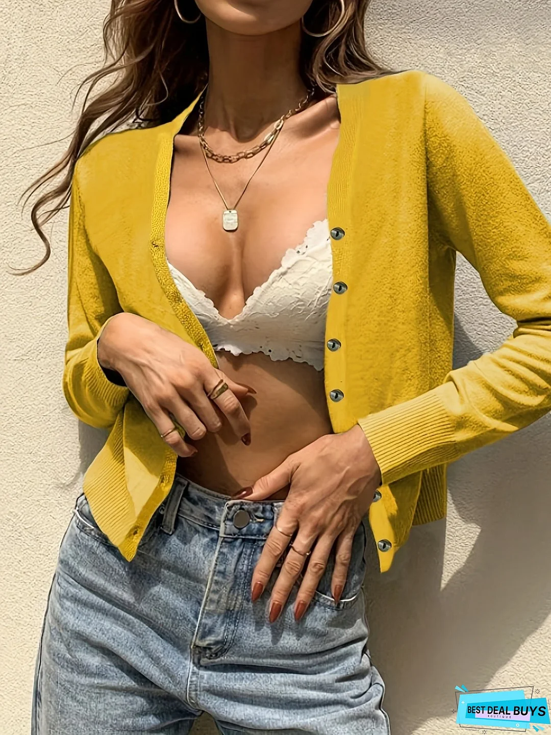 Button Front Knit Cardigan, Casual Solid Long Sleeve Sweater, Women's Clothing